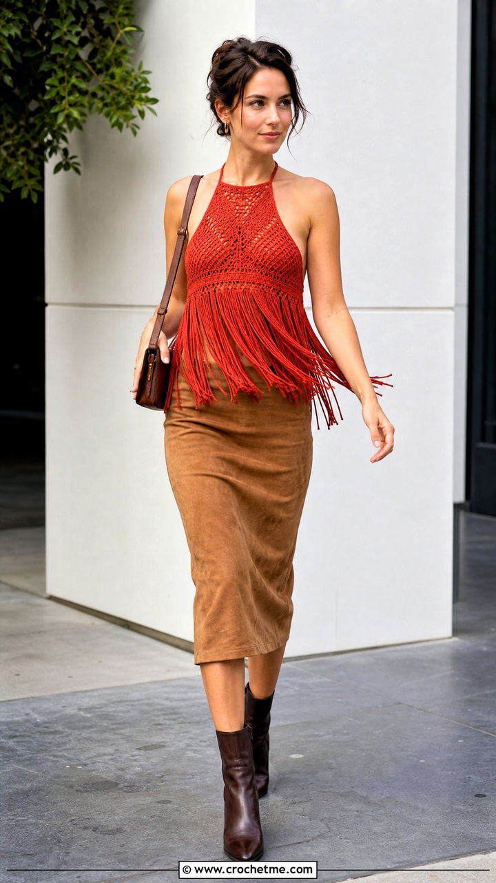 Fringe Halter Neck Crochet Top With Suede Midi Skirt - 35 halter neck crochet top outfit ideas