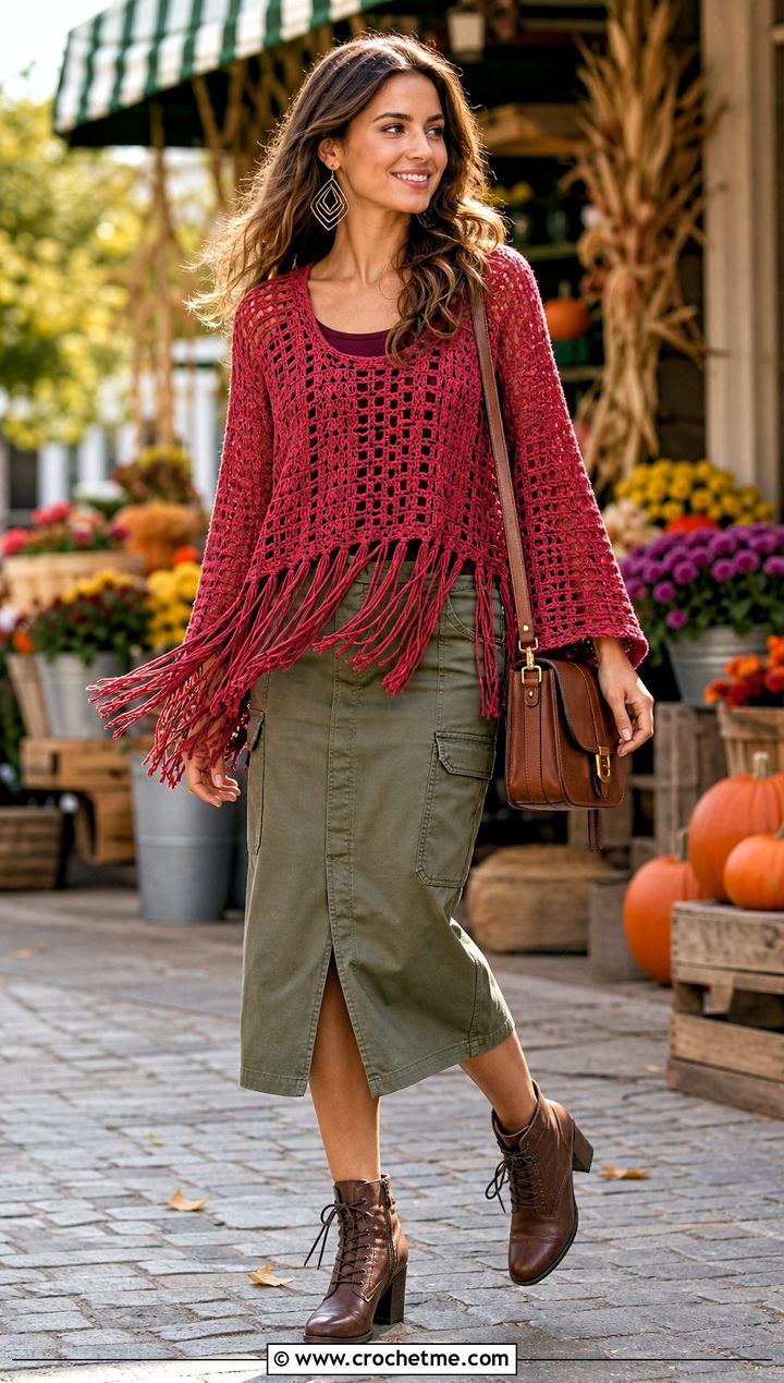 Fringe Hem Rectangle Crochet Top With Utility Midi Skirt - 20 2 Rectangle Crochet Top outfit ideas