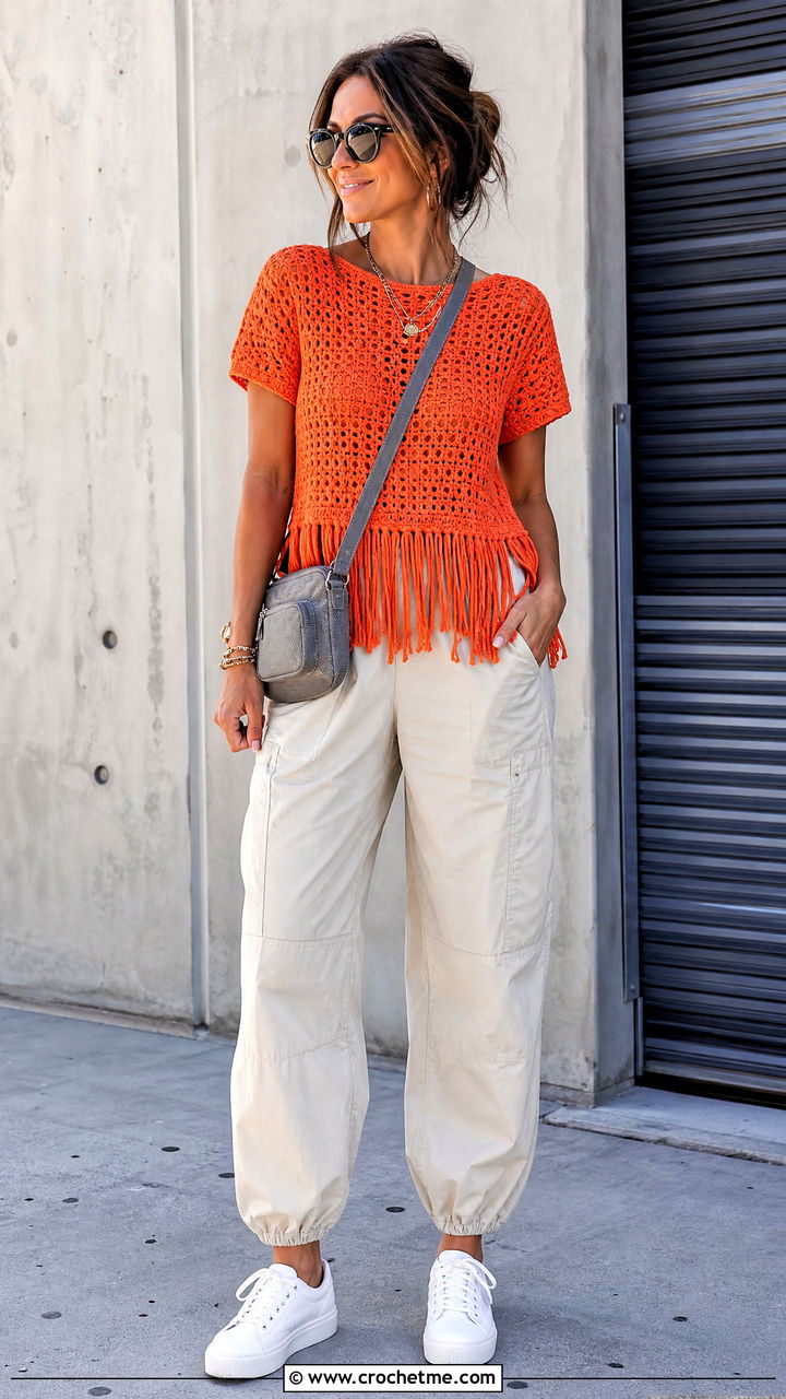 Fringe Hem Crochet Blouse With Parachute Pants - 35 crochet summer blouse outfit ideas