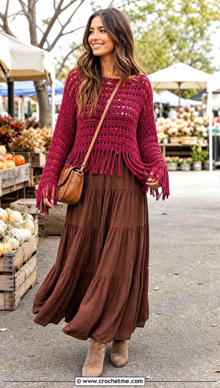 Fringe Hem Crochet Boxy Sweater With Tiered Maxi Skirt - 25 Crochet Boxy Sweater outfit ideas