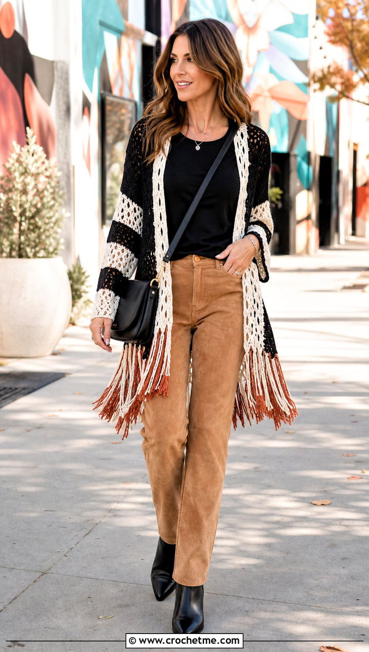 Fringe Hem Crochet Cardigan With Faux Suede Pants - 25 Black White Crochet Cardigan outfit ideas