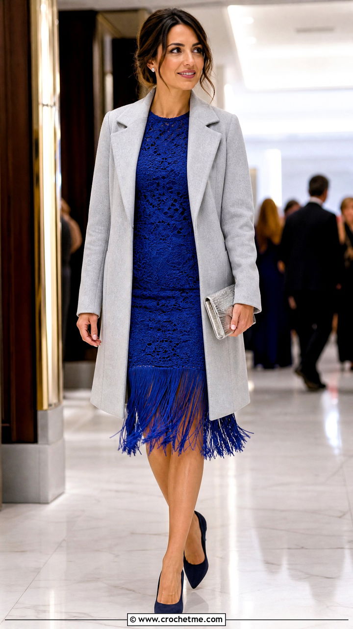 Fringe Hem Crochet Cocktail Dress With Long Coat - 35 crochet formal dress outfit ideas