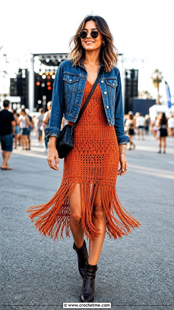 Fringe Hem Crochet Dress With Ankle Boots - 35 simple crochet dress women outfit ideas