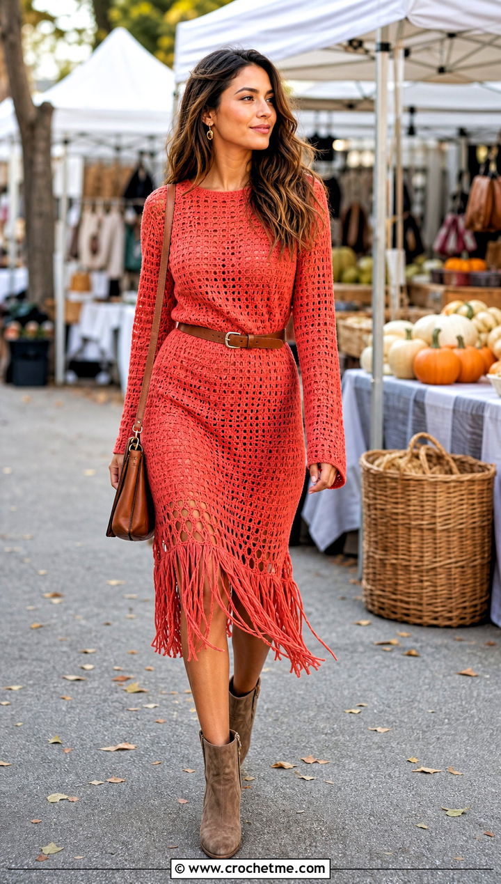 Fringe Hem Crochet Dress With Suede Boots - 35 long sleeve crochet dress outfit ideas