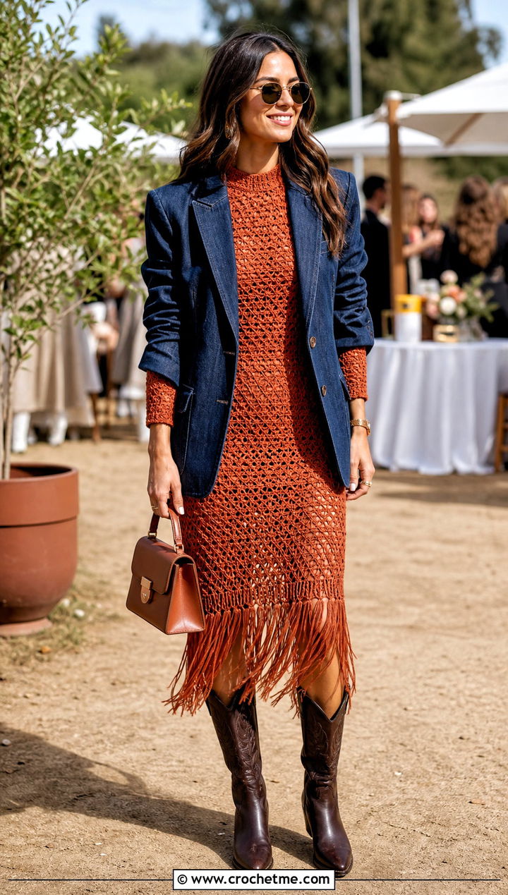 Fringe Hem Crochet Dress With Western Boots - 30 modest crochet dress outfit ideas