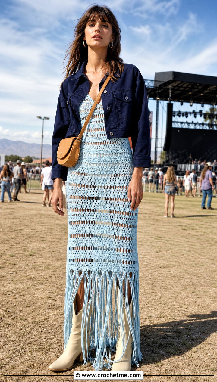 Fringe Hem Crochet Gown Dress With Western Boots - 25 Crochet Gown Dress outfit ideas