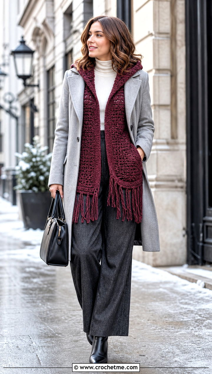 Fringe Hem Crochet Hoodie Cardigan Under A Wool Coat - 30 crochet hoodie cardigan outfit ideas