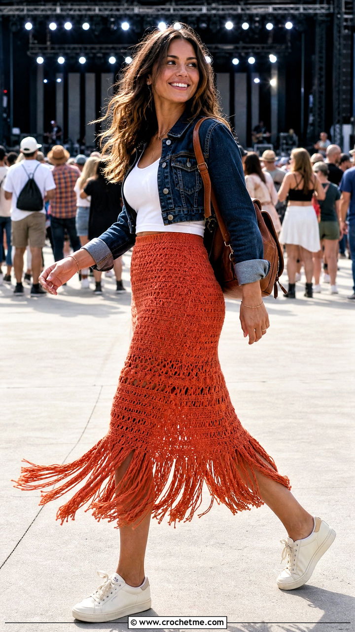 Fringe Hem Crochet Long Skirt With Denim Jacket - 35 crochet long skirt outfit ideas