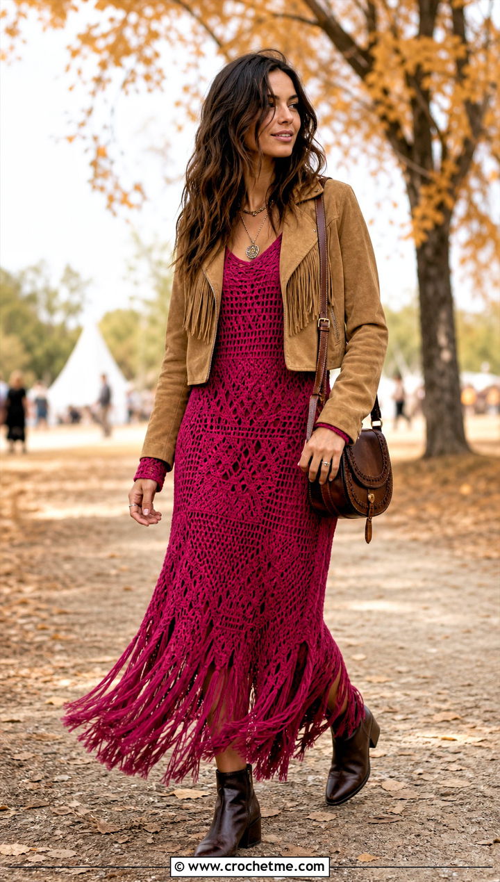 Fringe Hem Crochet Long Sleeve Maxi Dress With Suede Jacket - 25 crochet long sleeve dress outfit ideas