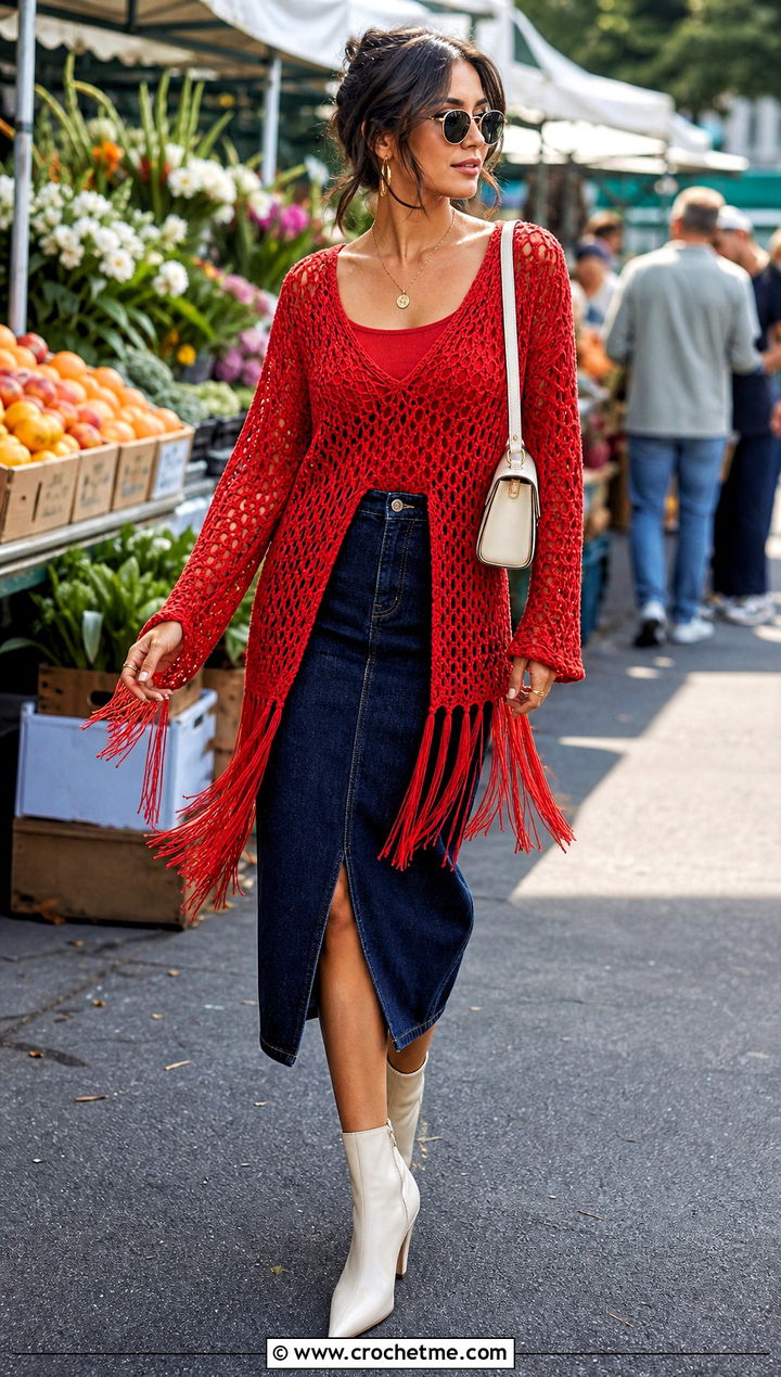 Fringe Hem Crochet Long Sleeve Tunic With Denim Midi Skirt - 15 Crochet Long Sleeve Tunic outfit ideas