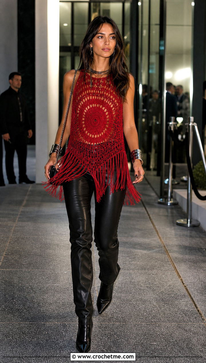 Fringe Hem Crochet Mandala Top With Leather Pants - 35 crochet mandala top outfit ideas