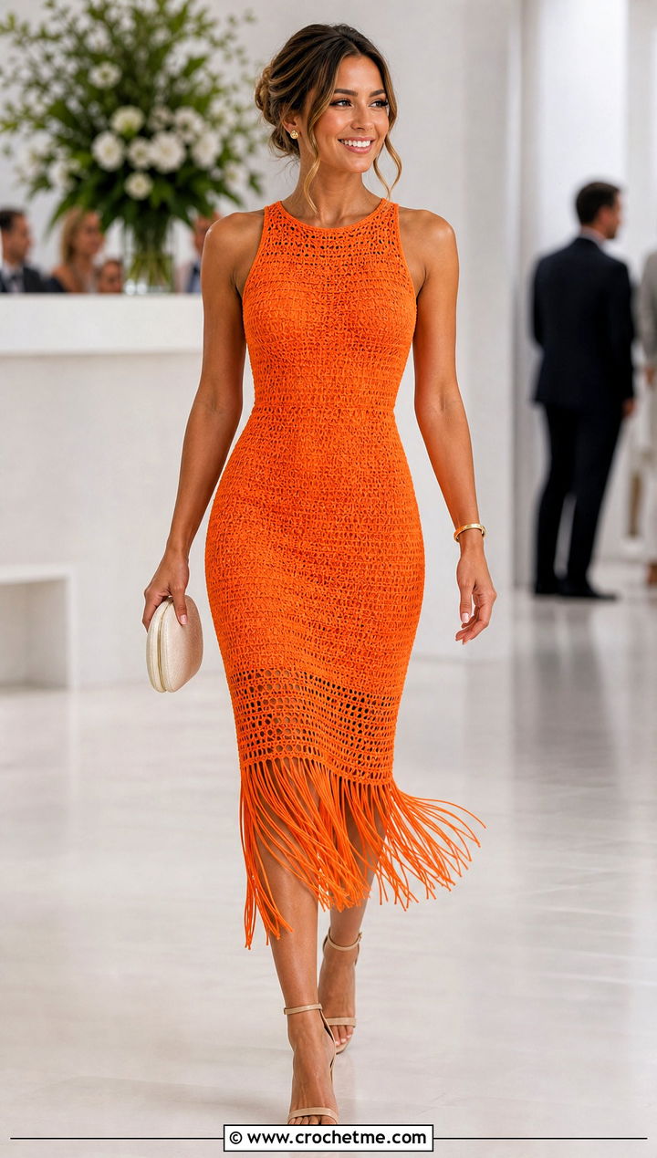 Fringe Hem Crochet Midi Dress With Strappy Heels - 35 Formal Crochet Dress outfit ideas