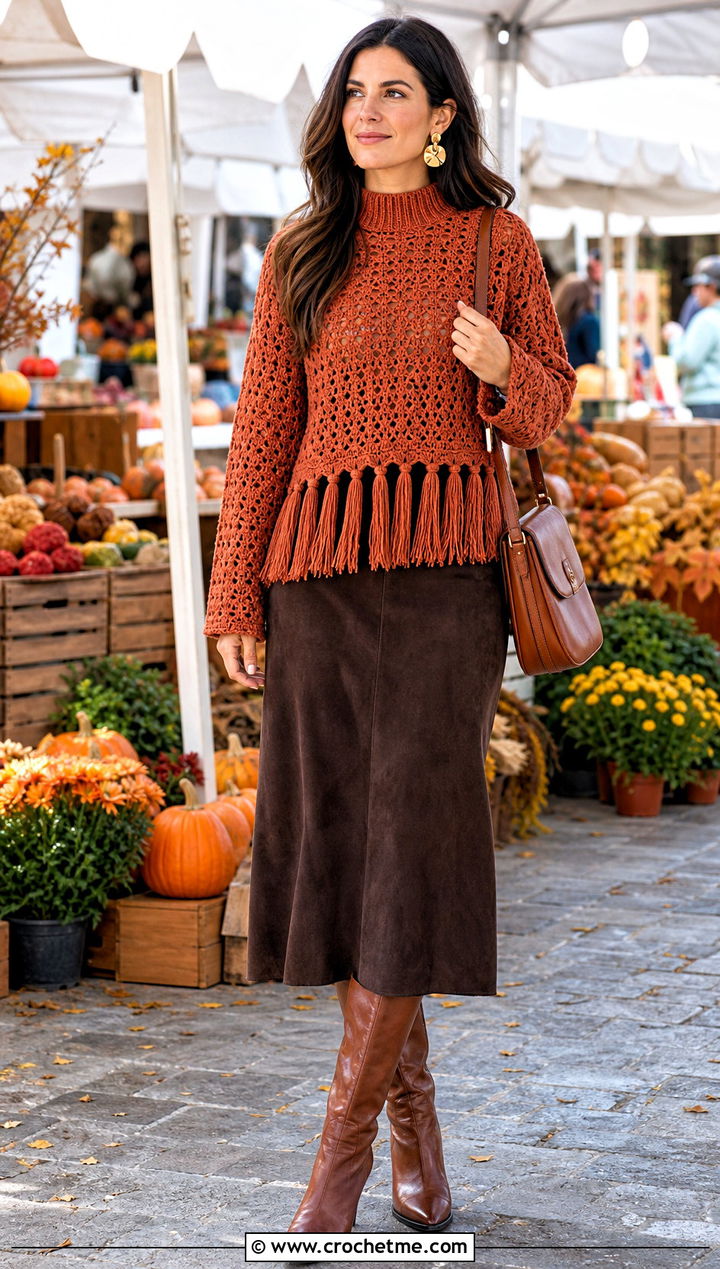Fringe Hem Crochet Mock Neck Top With Suede Midi Skirt - 35 crochet mock neck top outfit ideas