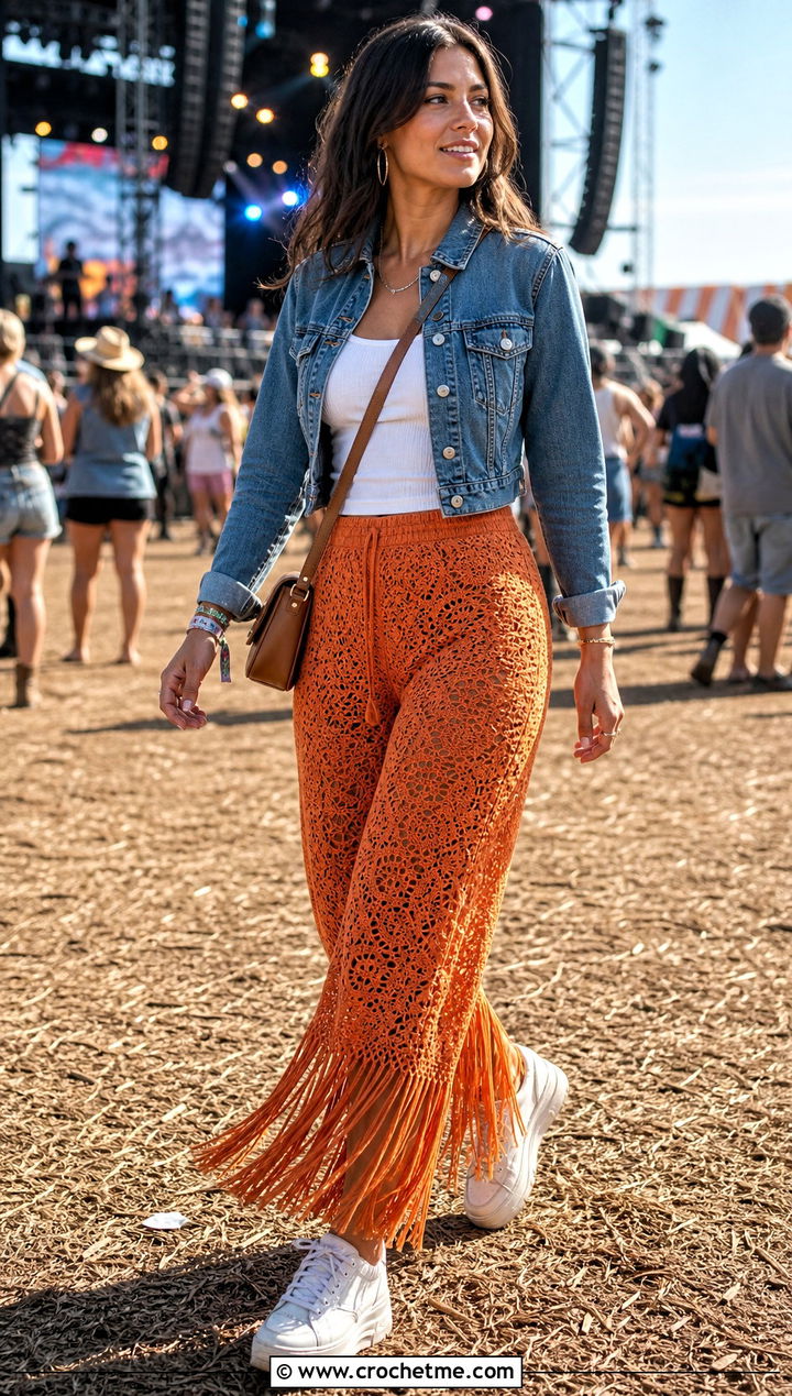 Fringe Hem Crochet Palazzo Pants With Denim Jacket - 30 crochet palazzo pants outfit ideas