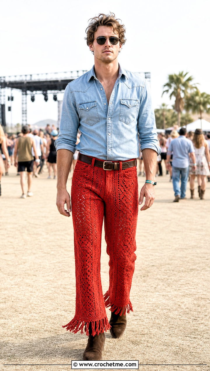 Fringe Hem Crochet Pants With Western Shirt - 35 crochet pants men outfit ideas