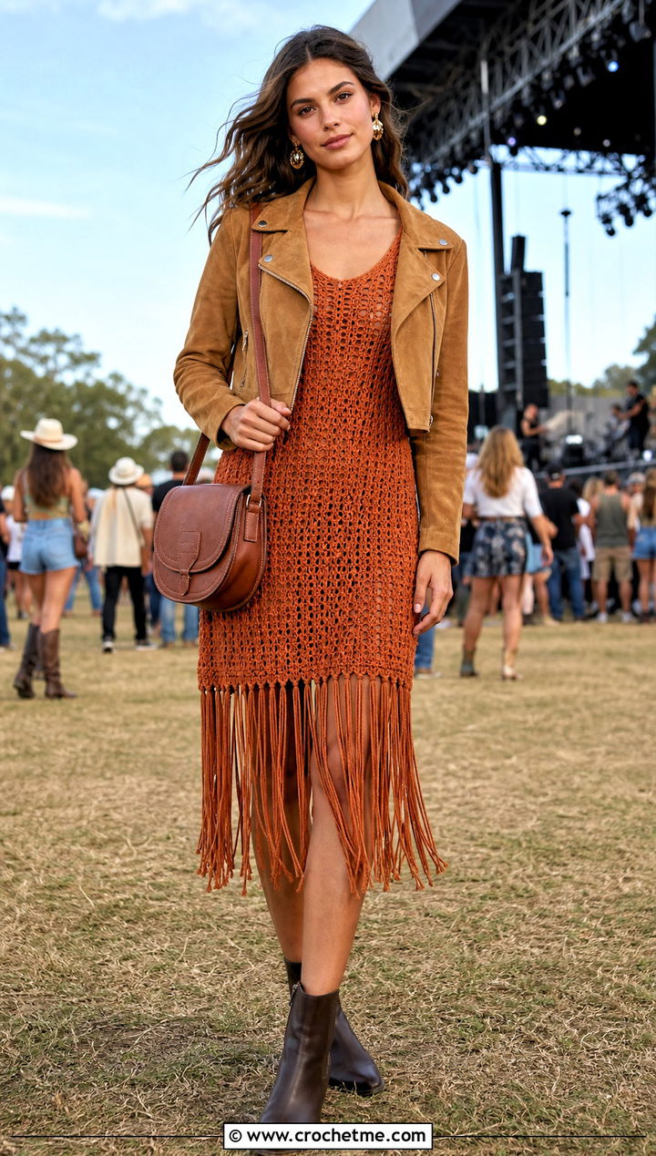 Fringe Hem Crochet Shift Dress With Suede Jacket - 20 crochet shift dress outfit ideas