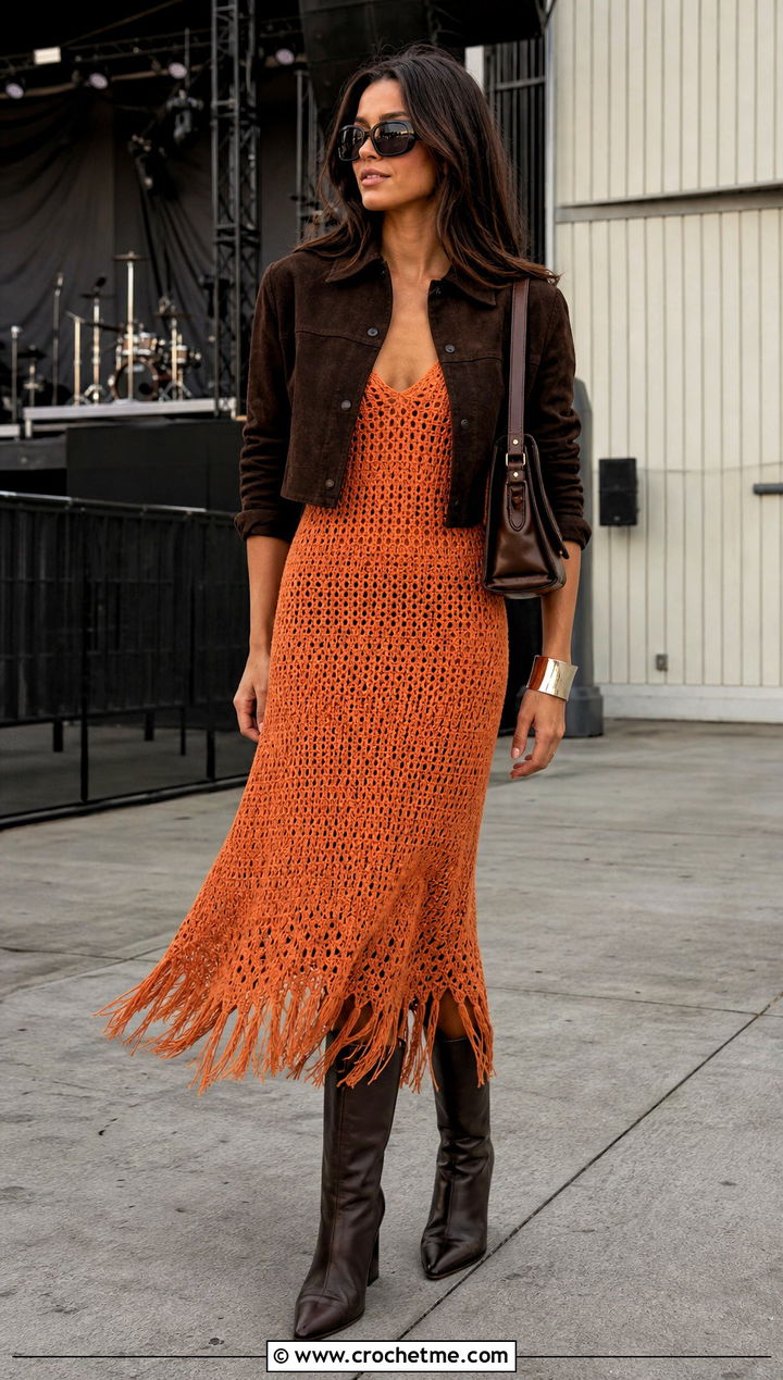 Fringe Hem Crochet Slip Dress With Suede Jacket - 25 crochet slip dress outfit ideas
