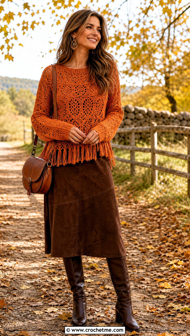 Fringe Hem Crochet Sweater With Suede Midi Skirt - 15 Bohemian Style Crochet Sweater outfit ideas