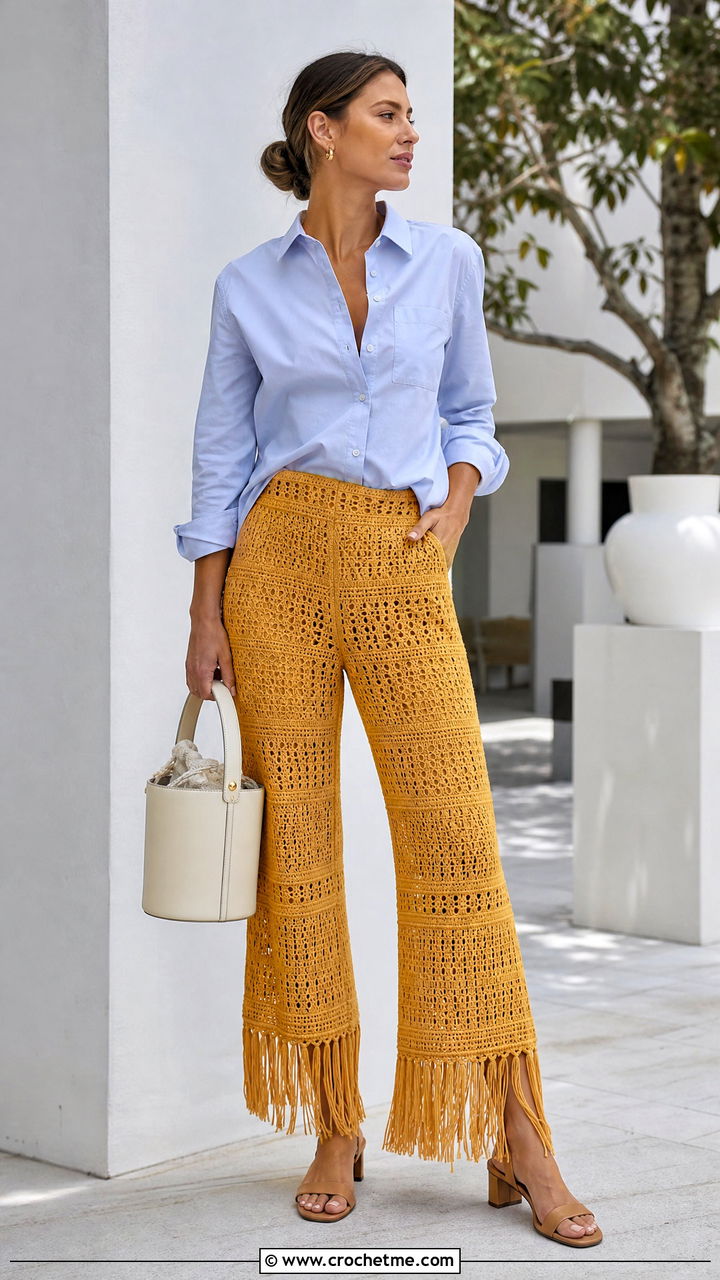Fringe Hem Crochet Trousers With Poplin Shirt - 35 crochet trousers outfit ideas