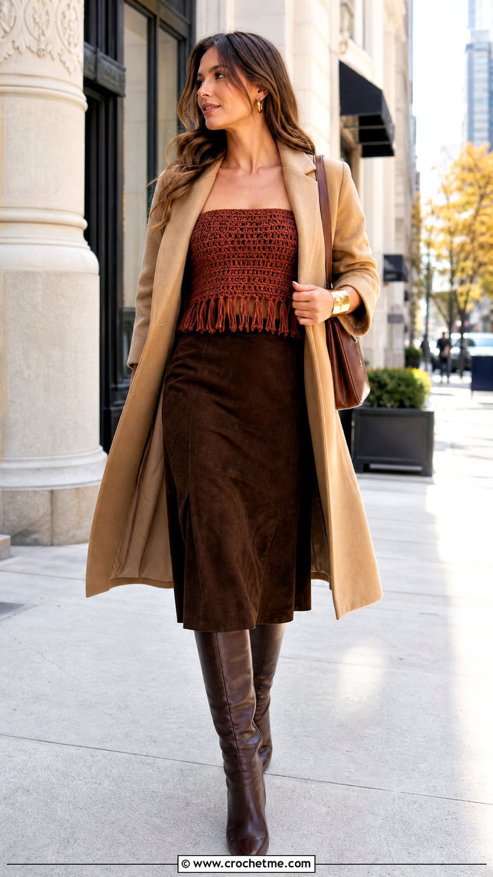 Fringe Hem Crochet Tube Top With Suede Skirt - 35 crochet tube top outfit ideas
