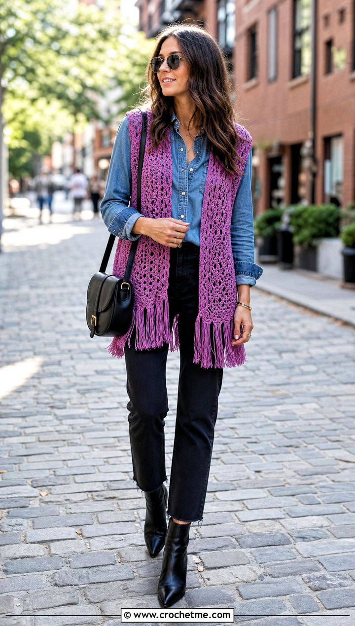 Fringe Hem Crochet Vest With A Denim Shirt - 25 beginner crochet vest outfit ideas