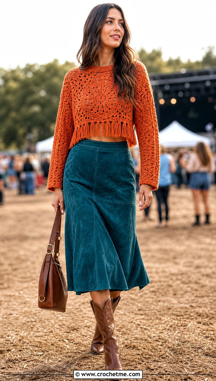 Fringe Hem Cropped Crochet Sweater With Suede Midi Skirt - 30 crocheted cropped sweater outfit ideas