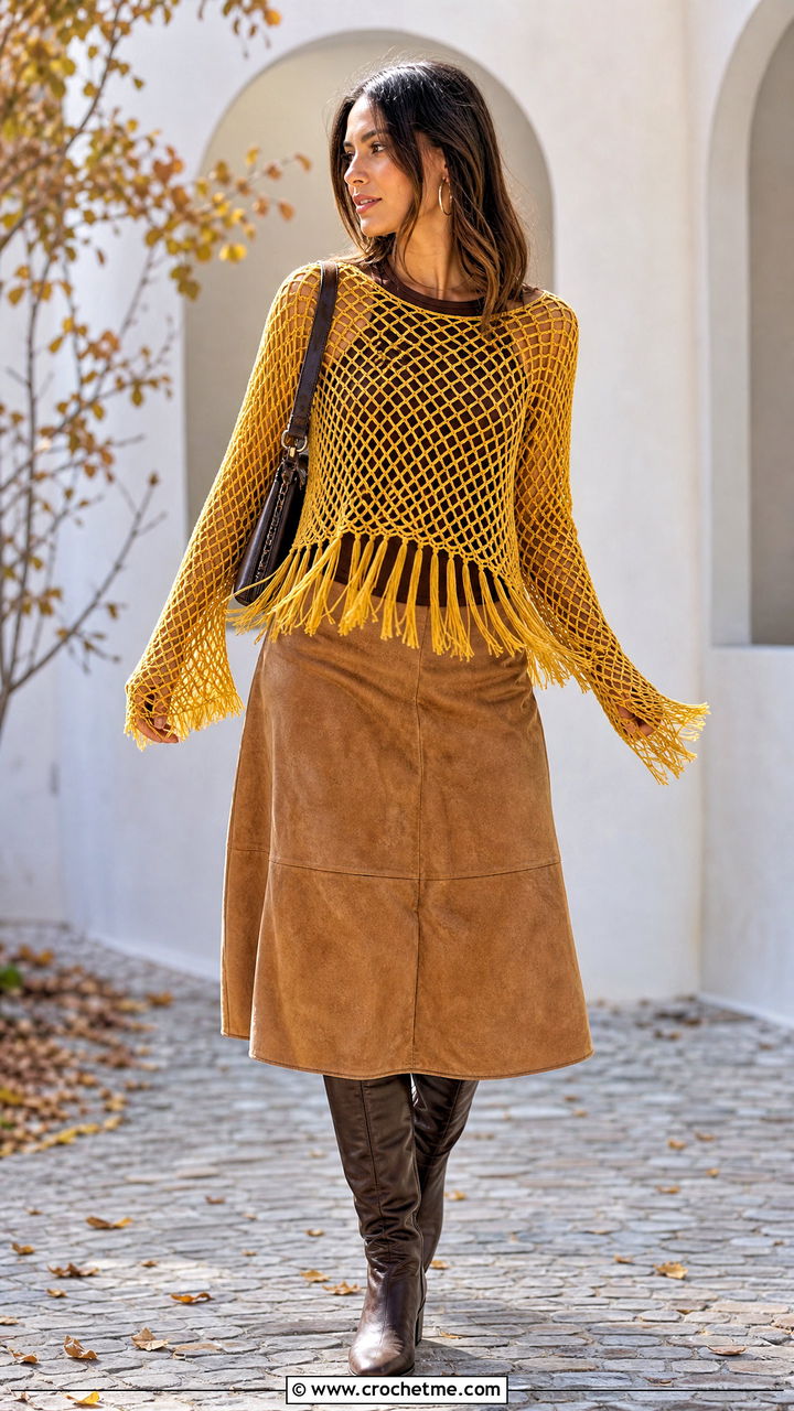 Fringe Hem Fishnet Top With Suede Skirt - 35 crochet net top outfit ideas