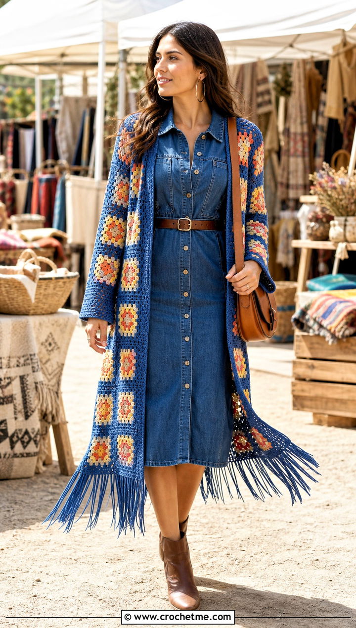 Fringe Hem Granny Square Duster With Denim Dress - 35 granny square duster outfit ideas