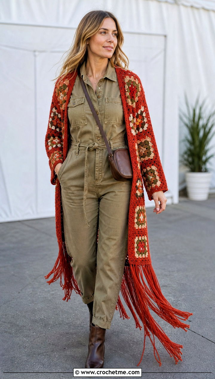 Fringe Hem Granny Square Duster With Utility Jumpsuit - 25 Crochet Granny Square Duster outfit ideas