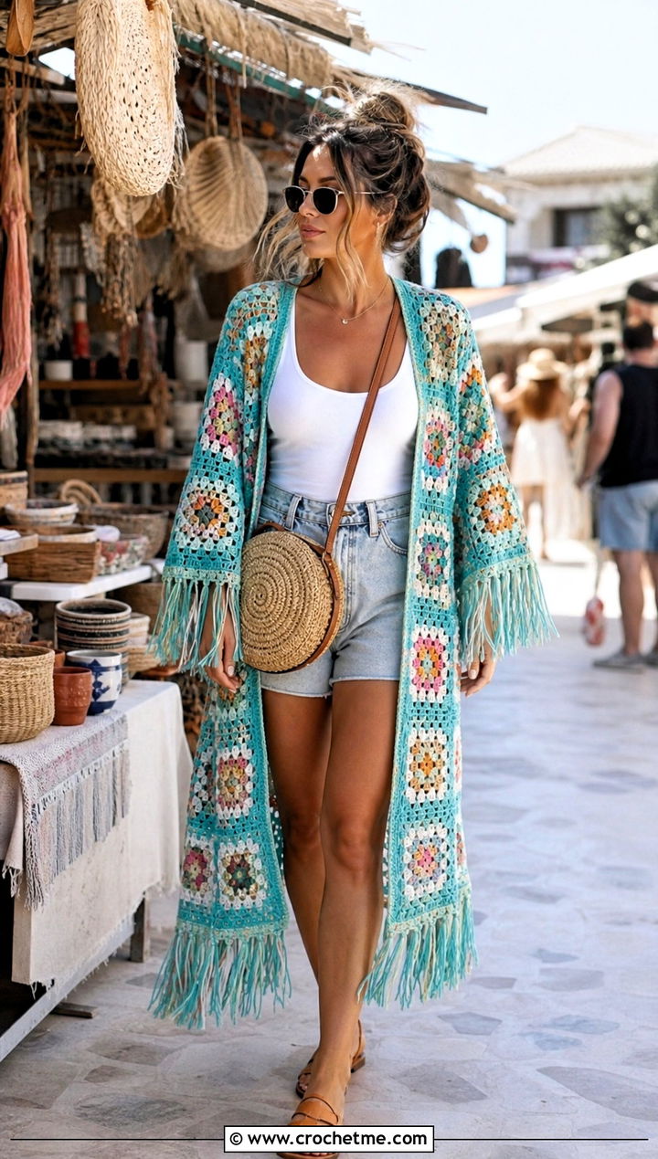 Fringe Hem Granny Square Kimono With Denim Shorts - 30 granny square kimono outfit ideas