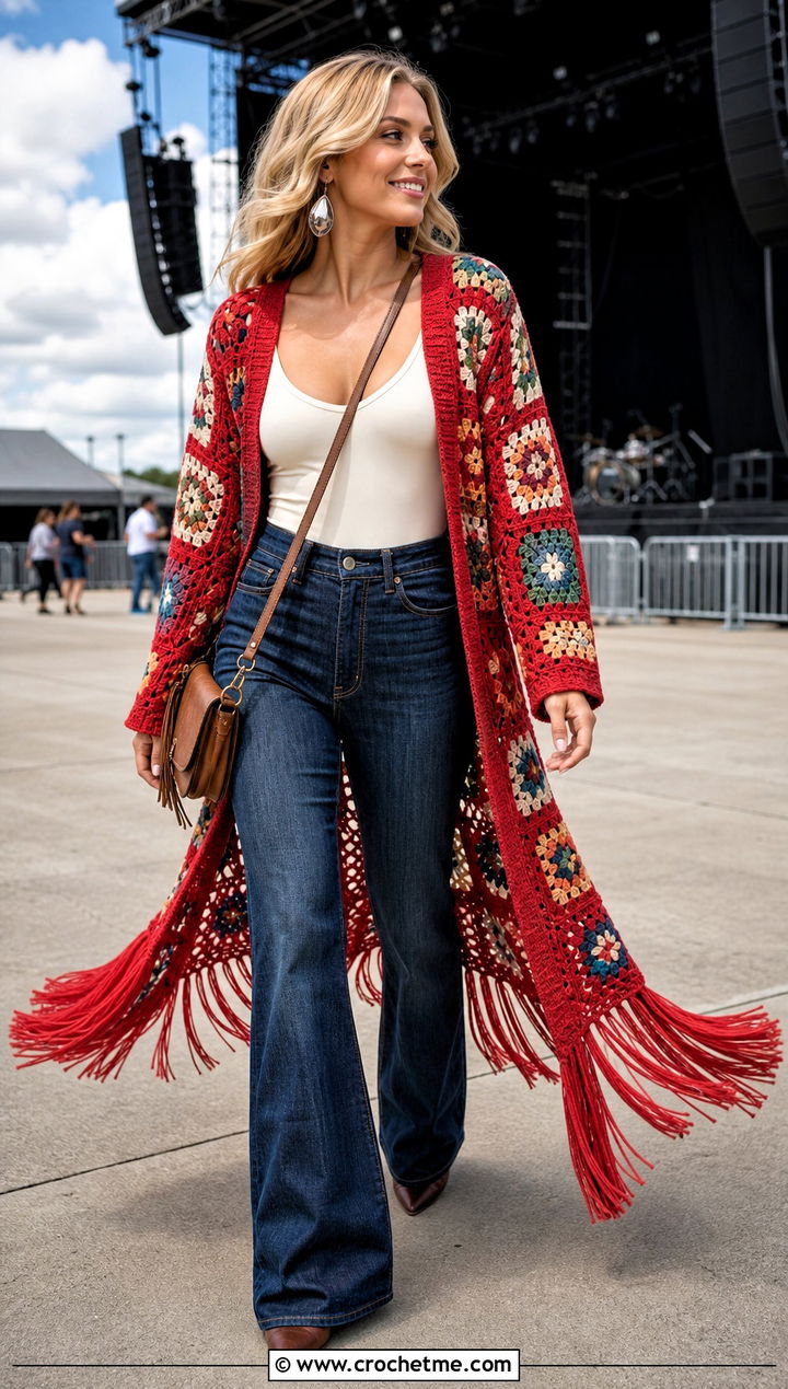 Fringe Hem Granny Square Long Cardigan With Flare Jeans - 25 crochet granny square long cardigan outfit ideas