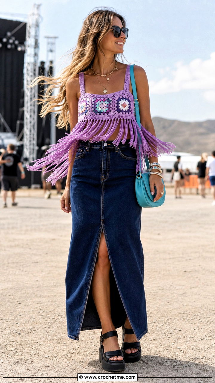 Fringe Hem Granny Square Top With Denim Maxi Skirt - 35 granny square summer top outfit ideas