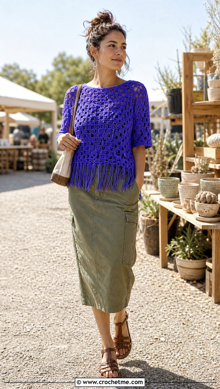 Fringe Hem Granny Stitch Top With Utility Skirt - 35 crochet granny stitch top outfit ideas
