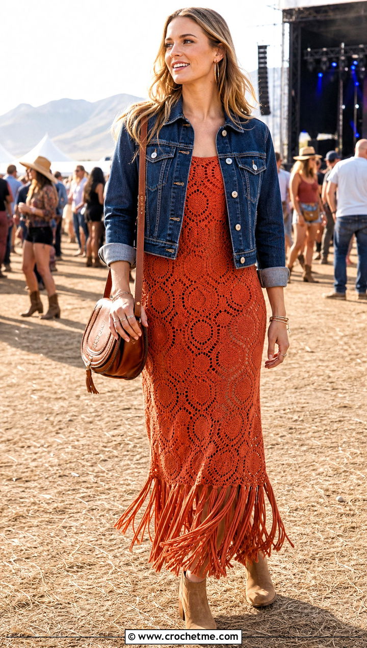 Fringe Hem Hexagon Crochet Maxi Dress With Suede Boots - 25 hexagon crochet dress outfit ideas