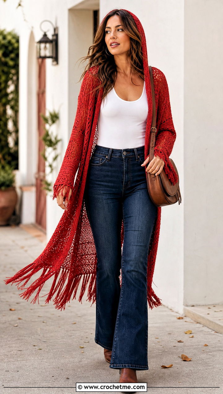 Fringe Hem Hooded Crochet Cardigan With Bootcut Jeans - 35 hooded crochet cardigan outfit ideas