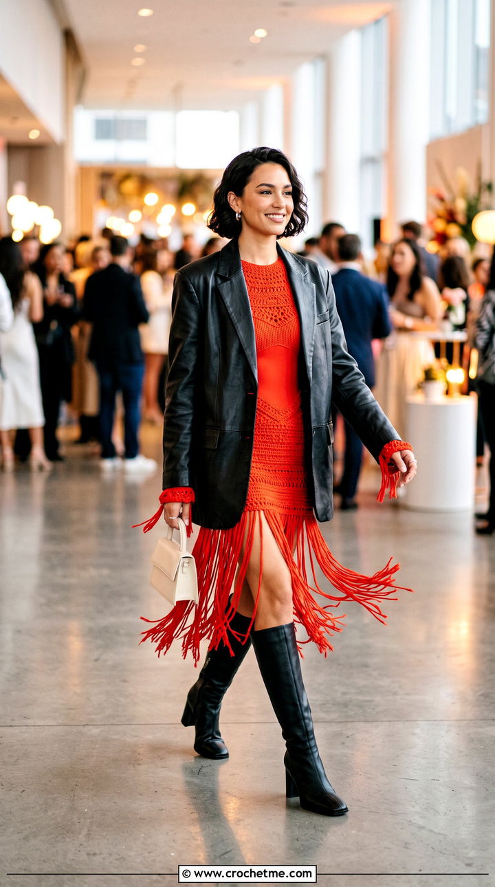 Fringe Hem Mini Crochet Dress With Leather Blazer - 15 Crochet Ladies Dress outfit ideas