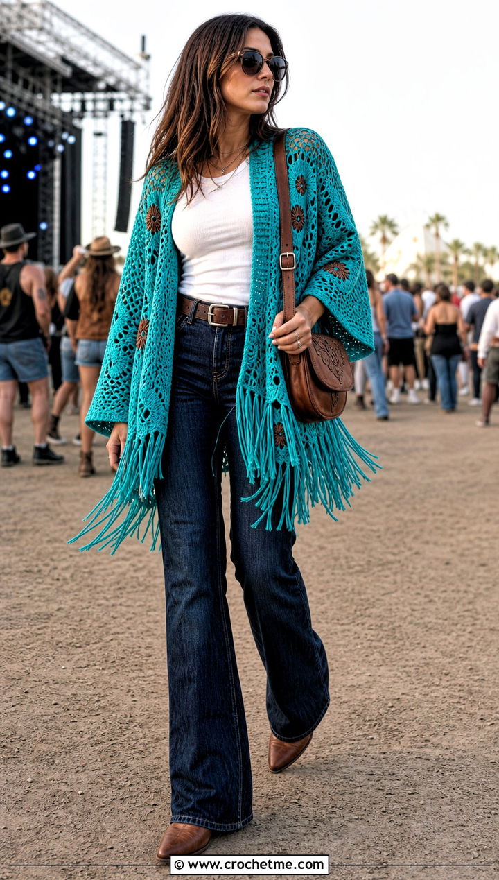 Fringe Hexi Crochet Cardigan With Western Denim - 35 hexi crochet cardigan outfit ideas