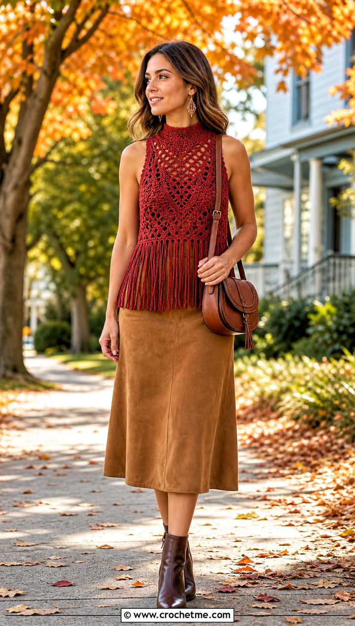 Fringe High Neck Crochet Top With Suede Midi Skirt - 35 high neck crochet top outfit ideas