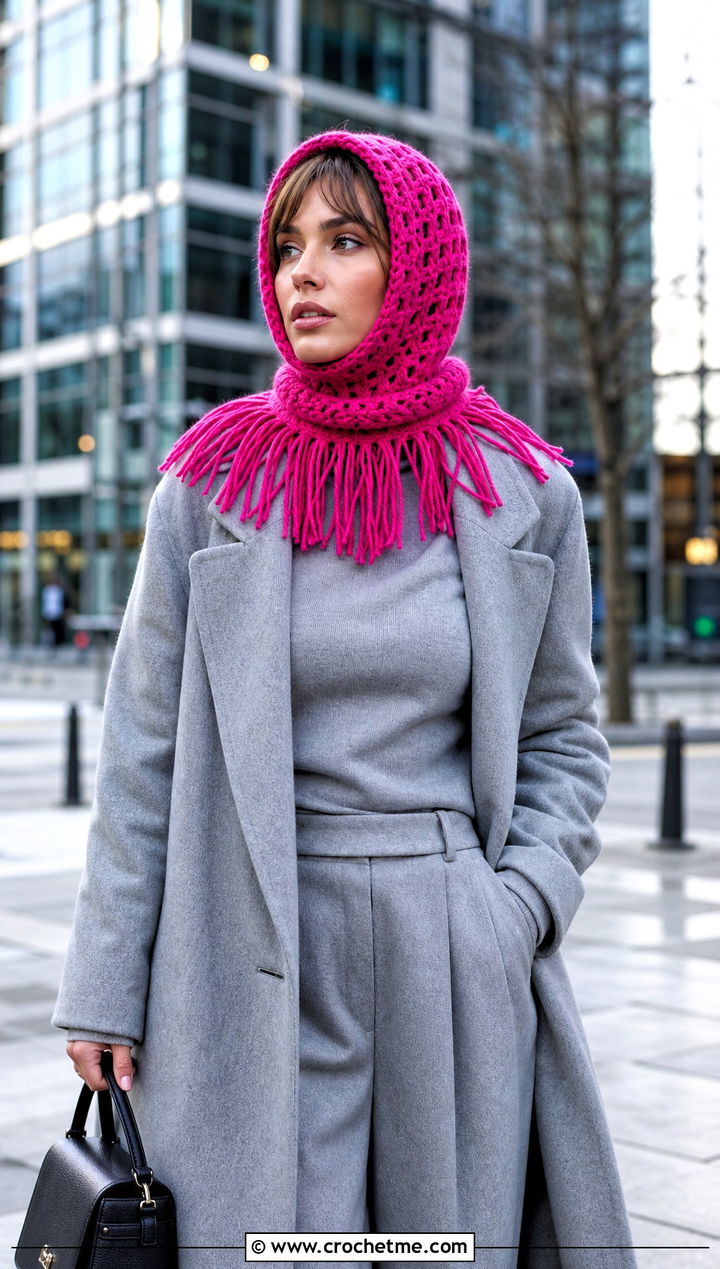 Fringe Hooded Crochet Balaclava With Monochrome Outfit - 30 hooded crochet balaclava outfit ideas