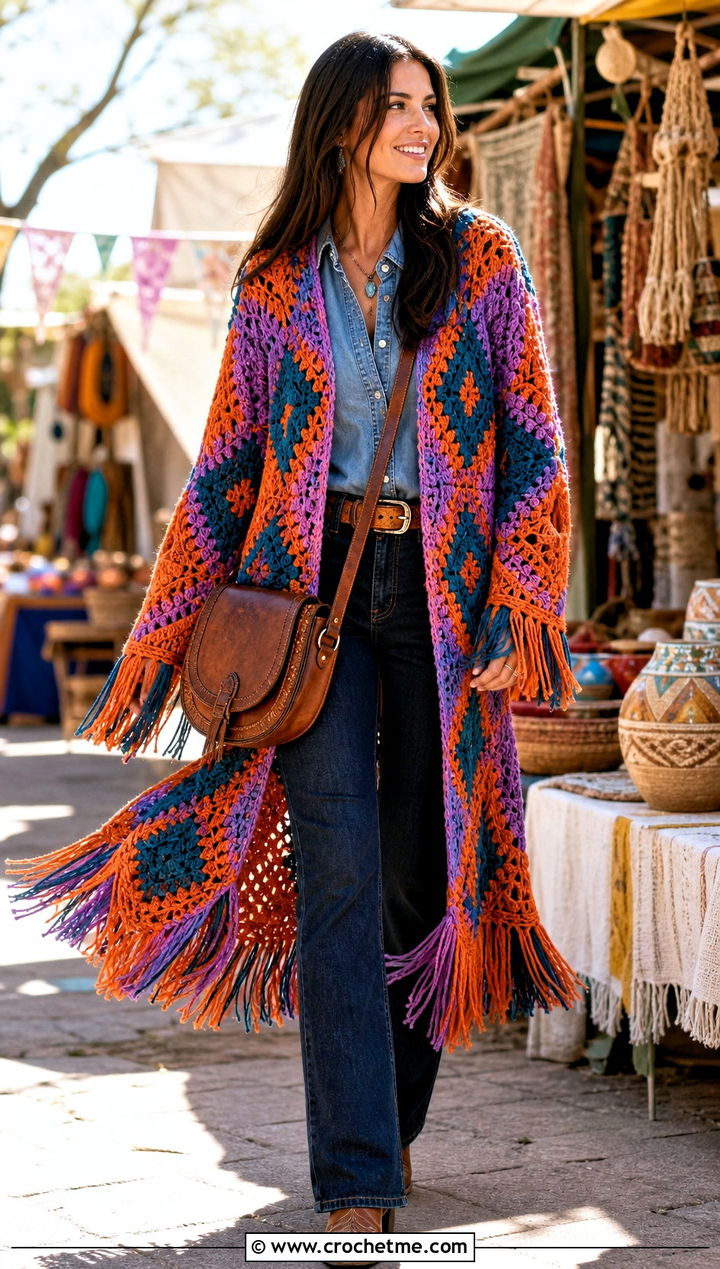 Fringe Howl Crochet Coat With Western Boots - 25 howl crochet coat outfit ideas