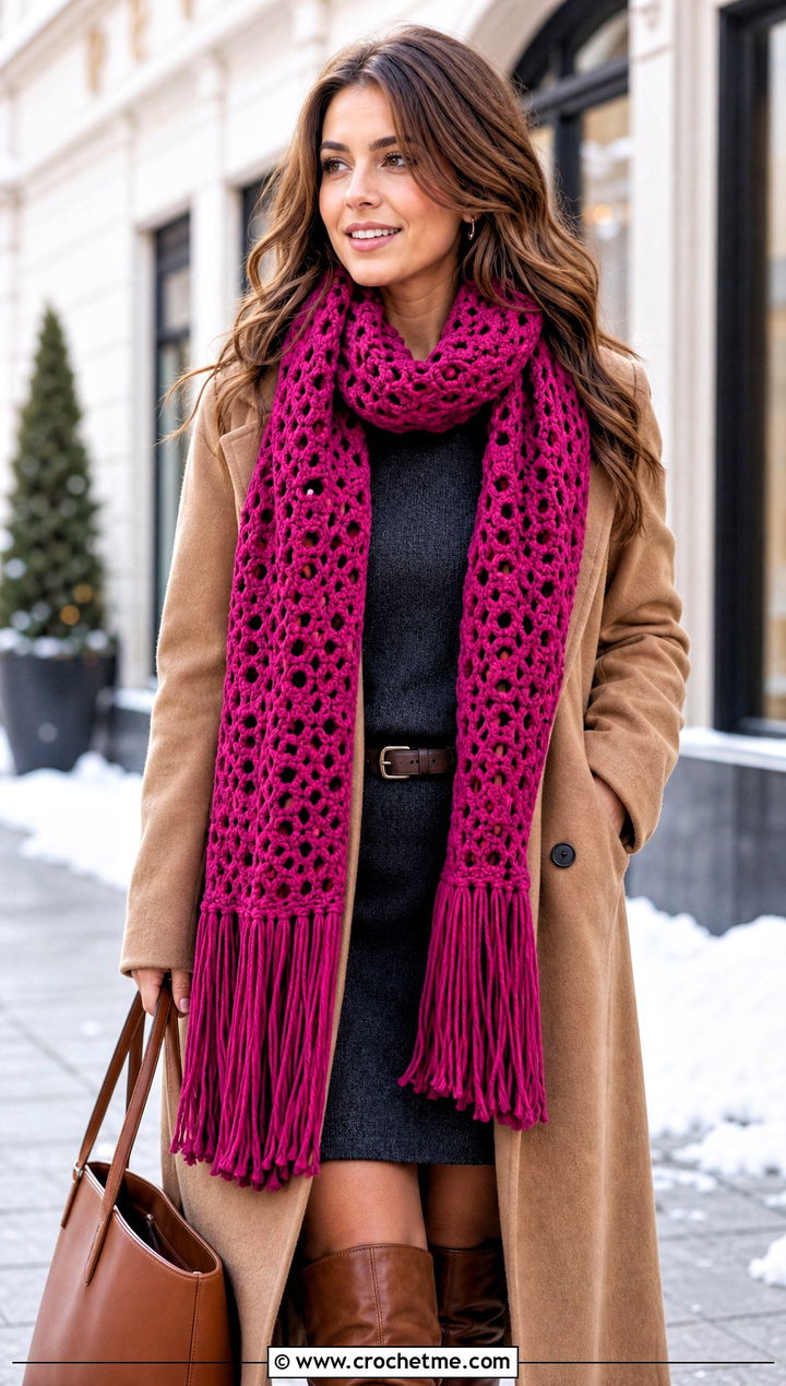 Fringe Lace Crochet Scarf With Sweater Dress - 15 Lacy Crochet Scarf outfit ideas