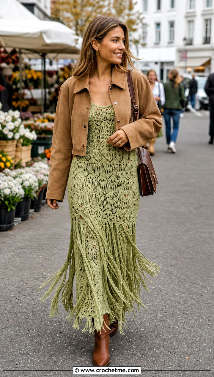 Fringe Long Crochet Dress With Suede Jacket - 35 Long Crochet Dress outfit ideas