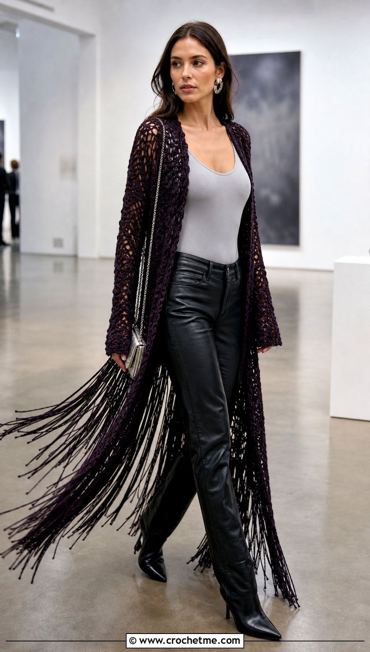 Fringe Long Crochet Duster With Leather Pants - 25 Long Crochet Duster outfit ideas