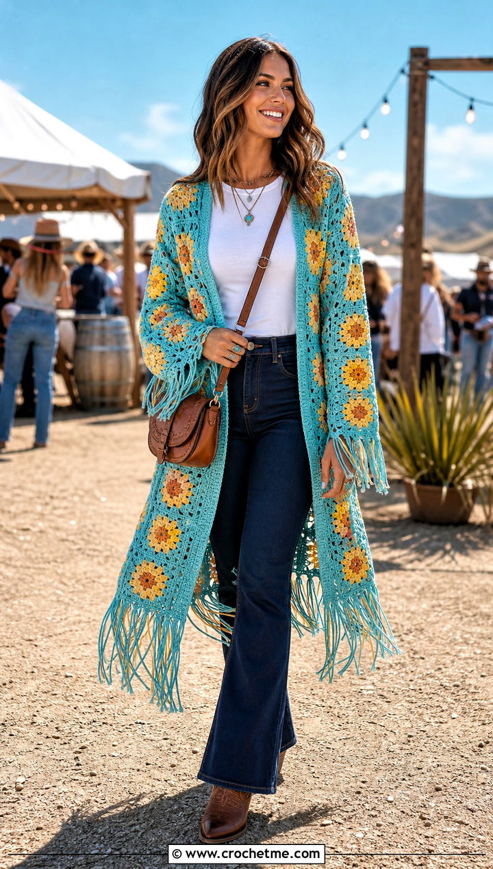 Fringe Long Granny Square Cardigan With Western Boots - 35 long granny square cardigan outfit ideas