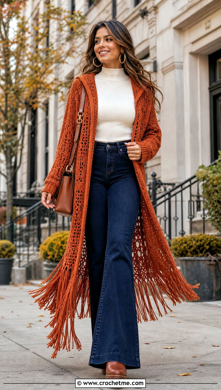 Fringe Long Hooded Cardigan With Flared Jeans - 25 crochet long hooded cardigan outfit ideas