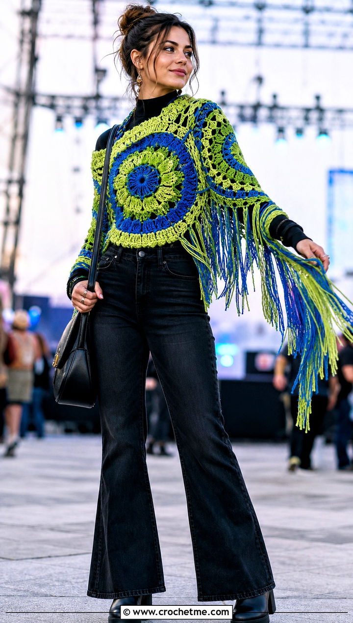 Fringe Mandala Yarn Crochet Shawl With Flared Jeans - 20 Mandala Yarn Crochet Shawl outfit ideas