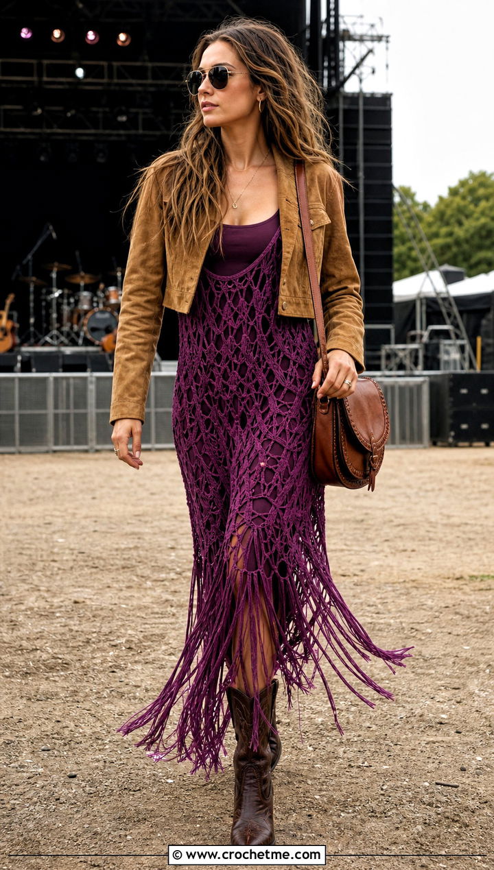 Fringe Mesh Crochet Maxi Dress With Cowboy Boots - 30 mesh crochet dress outfit ideas