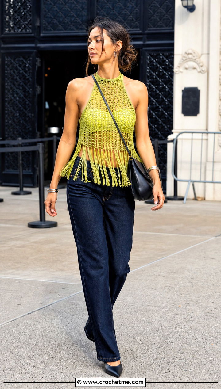 Fringe Mesh Halter Top With Straight Jeans - 30 Crochet Mesh Halter Top outfit ideas