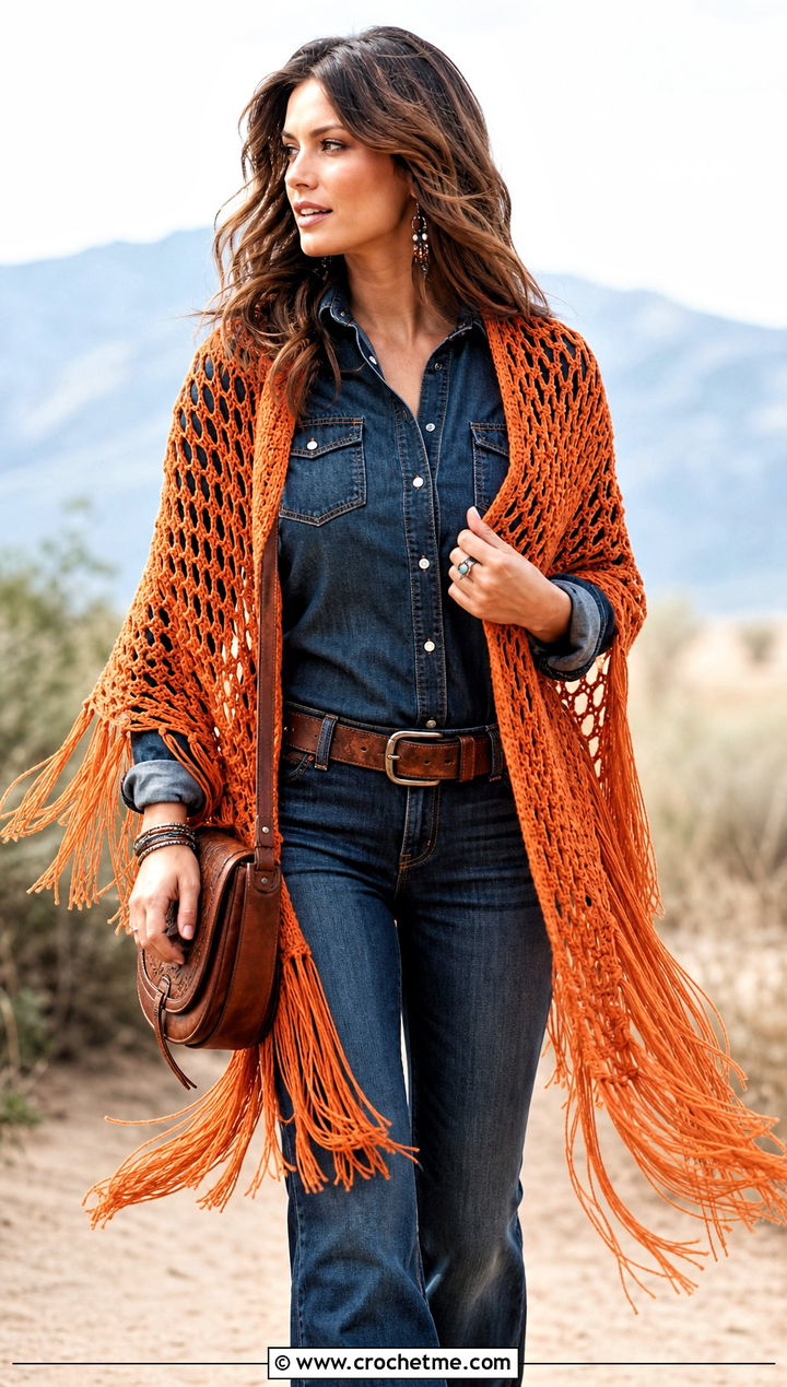Fringe Mesh Triangle Shawl With Western Denim - 30 Crochet Mesh Triangle Shawl outfit ideas