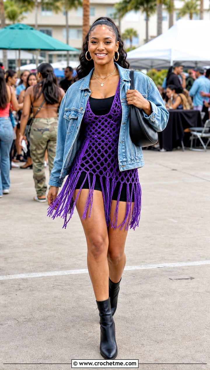 Fringe Mini Crochet Overlay Dress With Denim Jacket - 25 Crochet Overlay Dress outfit ideas